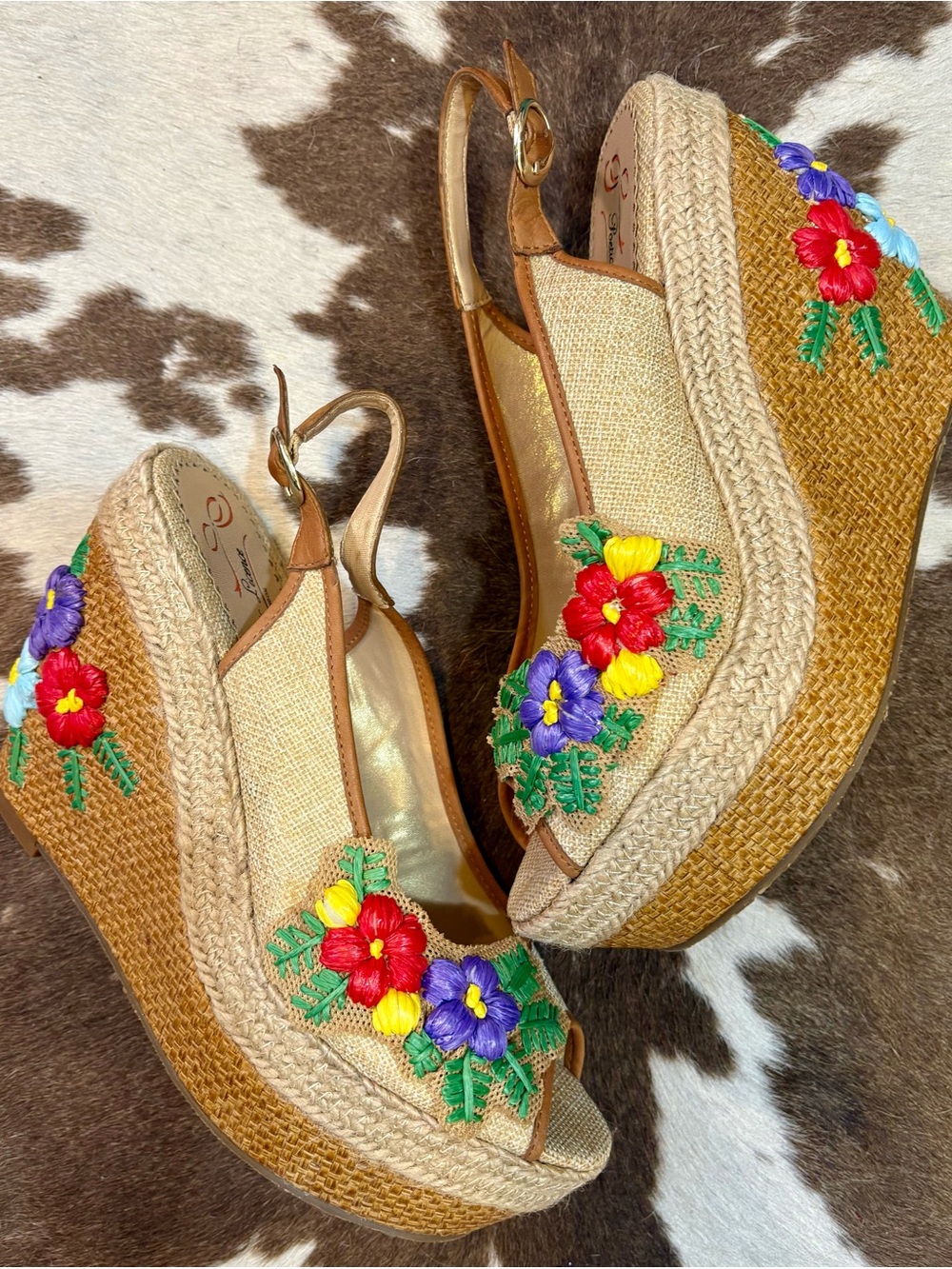 Woven Espadrille Wedge Sandals with Multicolor Floral Embroidery - Women - Picture 1 of 9